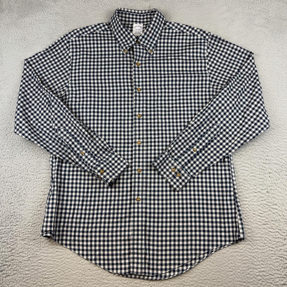 Brooks Brothers Shirt Mens Large Blue Gingham Check Non Iron Supima Button Down - Picture 2 of 12
